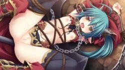 anus aqua_hair arms_up blush bondage bondage bound breasts bridget_(himegari_dungeon_meister) censored chains female game_cg hair_ornament himegari_dungeon_meister horns leash mosaic_censoring navel nipples open_mouth pussy side_ponytail small_breasts solo spread_legs tail thighhighs yakuri yellow_eyes