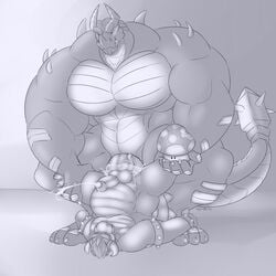 2boys anal anal_sex balls big_penis bowser cum cum_inside cum_on_penis dragon feet full_body greyscale koopa male male_only mario_(series) monochrome multiple_boys muscular muscular_male mushroom nintendo overweight pecs penetration penis scalie sex smile standing super_mario_bros. top-down_bottom-up xinwan yaoi