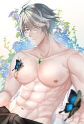 1boy abs alhaitham_(genshin_impact) bulge busty_boy butterfly collarbone flower flower_background genshin_impact light-skinned_male light_skin male male_focus male_nipples male_only muscles muscular muscular_male pecs pectorals purple_flower shirtless shirtless_male solo solo_male