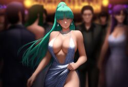 ai_generated backless_dress bare_shoulders cleavage darkstalkers earrings evening_gown female female_focus green_eyes green_hair halter_dress large_breasts light_smile long_hair looking_at_viewer morrigan_aensland multiple_boys necklace nightclub novelai people_in_background plunging_neckline ponytail revealing_clothes silver_dress standing succubus thighs