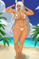 1girls abs animal_ear beach big_breasts bikini boku_no_hero_academia cameltoe dark-skinned_female female female_only full_body huge_breasts long_hair micro_bikini miruko muscle_girl muscles my_hero_academia navel nipple_slip nipples_visible_through_clothing pussy pussy_visible_through_clothes rabbit_girl red_eyes rumi_usagiyama self_upload solo swimsuit thick_thighs thighhighs umbra_arts white_bikini white_hair