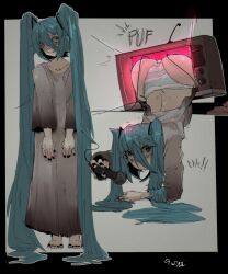 1girls ass blue_hair blue_striped_panties clothed clothed_female cosplay crawling dress guidelli_art hair hair_over_one_eye hatsune_miku horror long_hair microphone panties striped_panties television the_ring tv twintails very_long_hair vocaloid yamamura_sadako yamamura_sadako_(cosplay)