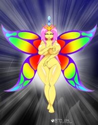 annoyed big_breasts big_butt closed_eyes completely_nude_female covering_breasts crown empress_of_light hi_res highres nude nude_female pink_hair rainbow_wings terraria tj_173 wings