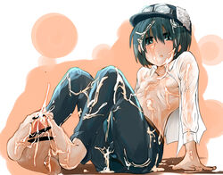 barefoot blush bukkake censored cum cum_on_lower_body cum_on_upper_body dress_shirt ejaculation feet footjob futanari goggles green_eyes green_hair hat highres intersex kino kino_no_tabi nipples open_clothes open_mouth open_shirt pants ribs short_hair sitting small_breasts sweat takasaki_aneki tomboy