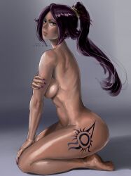 1girls amber_eyes bleach dark-skinned_female instagram_username kneeling long_hair naked nude nude_female ponytail purple_hair shihouin_yoruichi tako_art tattoo tattoo_on_thigh