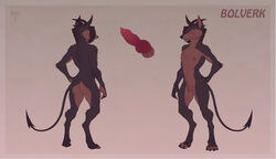 1boy 2016 animal_genitalia animal_penis anthro ass balls barbed_penis black_hair bolverk brown_countershading brown_fur canine curved_horns demon digitigrade disembodied_penis erection fully_sheathed fur hair half-closed_eyes hand_on_hip hellhound hybrid_penis knot male male_only mammal model_sheet multicolored_fur multiple_angles nawka nipple_piercing nipples nude orange_eyes penis piercing red_penis sheath simple_background smile solo spade_tail standing two_tone_fur