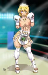 1girls :3 abs areola areolae artist_name big_breasts blonde_hair boxer boxing boxing_gloves boxing_ring boxing_skirt breasts commission female gabocaricaturas gloves heterochromia light-skinned_female light_skin looking_at_viewer muscular_female necklace nipples open_toe_footwear ryouna_(senran_kagura) senran_kagura thick thick_hips thick_thighs topless topless_boxing topless_female watermark white_boxing_gloves white_gloves wide_hips