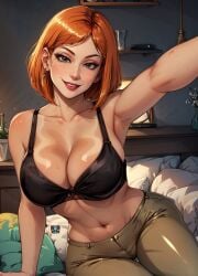 1girls 1milf 20th_century_fox 20th_century_studios ai-nerd ai_generated big_breasts black_bra blue_eyes bra breasts cleavage family_guy female female_only huge_breasts large_breasts lois_griffin mature_female mature_woman milf navel on_bed orange_hair posing_for_the_viewer red_head selfie sitting_on_bed smile solo solo_female topless watermark zrhap