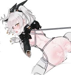 1boy 1girls blush cum cum_in_pussy cum_inside doggy_style female femsub from_behind karenina_(punishing:_gray_raven) male me1 nude punishing:_gray_raven robot_girl robotic_arm sex tongue_out twintails white_hair yellow_eyes