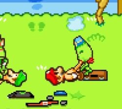 1girls 3boys :>= anal animated anthro cum cum_inside erect_penis female harhall luigi male mario mario_(series) mario_and_luigi:_superstar_saga mario_and_luigi_(series) mp4 oral pixel_art red_lipstick riding_penis sex size_difference sound tagme theevilfallenone video yaoi