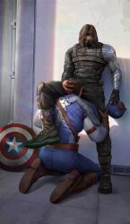 2boys 2humans brown_hair bucky_barnes captain_america captain_america's_shield captain_america:_the_winter_soldier captain_america_(series) clothed_sex cyjmytf fellatio gay gay_sex human human_only kneeling kneeling_oral_position light-skinned_male light_skin lust male male/male male_focus male_only marvel marvel_cinematic_universe medium_hair passionate shield steve_rogers superhero superhero_costume winter_soldier yaoi