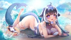 1girls ahoge bikini blue_bikini body_markings breasts cleavage facial_markings female huge_breasts indie_virtual_youtuber light-skinned_female light_skin lilnoot long_hair long_tail outdoors purple_eyes shylily smile tail two_tone_hair virtual_youtuber white_hair