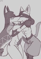 2boys animal_genitalia animal_penis anthro anubis anubis_(pal) big_thighs black_and_white blush c3ilin closed_eyes cum fur furry gay kissing lucario male/male male_only pal_(species) palworld penis penis_on_penis pokemon pokemon_(species) precum tagme tail thick_hips thick_thighs thighs yaoi