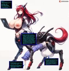 1futa ai_generated averageee blue_penis caption centaur cyborg erection futanari gigantic_penis hooves horse_tail horsecock horsecock_futanari huge_breasts huge_testicles leaking leaking_precum nipples red_eyes red_hair red_tail robot_girl robotic_arm stable_diffusion white_testicles