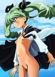 anchovy blush bottomless breasts brown_eyes cape closed_mouth cowboy_shot female girls_und_panzer green_hair hair_ornament hair_ribbon long_hair long_sleeves m-thet navel nipples no_panties profile pussy ribbon small_breasts standing tied_hair twin_drills twintails uncensored