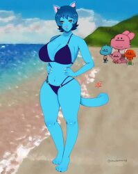 animal_genitalia anime_style beach blue_fur blue_skin cartoon_network cat_ears cat_humanoid catgirl full_body fur furry furry_only gumball_watterson nicole_watterson nicole_watterson_(anime) richard_watterson the_amazing_world_of_gumball