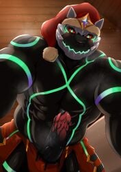 abs absurd_res anthro balls biceps canid canine canis christmas christmas_clothing christmas_headwear clothed clothing domestic_dog erection genitals goo_creature hat headgear headwear hi_res holidays husky lifewonders live_a_hero looking_at_viewer looming_over male mammal monomasa muscular muscular_anthro muscular_male nipples nordic_sled_dog pecs penis santa_hat solo spitz supervillain topless toranoyouhei