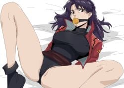 1girls absurd_res ball_gag black_eyes bondage breasts cameltoe hi_res large_breasts leotard looking_at_viewer lying minuranakatawa misato_katsuragi neon_genesis_evangelion nipples_visible_through_clothing on_back purple_hair solo spread_legs tied_up