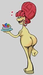 1girls ass brandy_(trolls) butt dreamworks food holding_object milf muppet naked nude nude_female red_earrings red_hair trolls_(film) trolls_band_together universal_studios yellow_skin