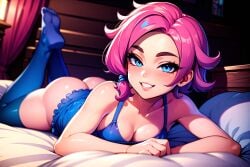 1girls ai_generated ass blue_eyes breasts feet female female_only hi-rez_studios maeve_(paladins) medium_breasts on_bed paladins pink_hair slightly_degenerate solo the_pose