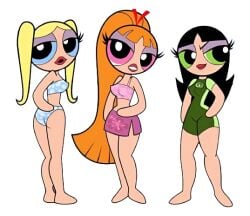 aged_up artstyle_imitation beach bikini black_hair blonde_hair blossom_(powerpuff_girls) blue_eyes bubbles_(powerpuff_girls) buttercup_(powerpuff_girls) green_eyes orange_hair pink_eyes powerpuff_girls sfw summer swimsuit