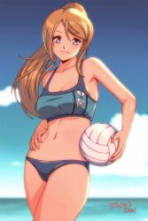 1girls arwald bikini blonde_hair blue_bikini blue_eyes blue_swimsuit breasts clouds holding_volleyball looking_at_viewer medium_breasts metroid midriff navel nintendo ocean outside ponytail samus_aran sky swimsuit volleyball water