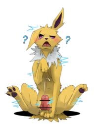 1boy 2016 ? animal_genitalia blush canine canine_penis censored claws cum cum_in_mouth cum_in_own_mouth eeveelution erection fangs feet feral fur furry half-closed_eyes jolteon knot long_ears looking_at_viewer male male_only mammal nintendo nude open_mouth paws peg penis pokemon purple_eyes shadow simple_background sitting solo spread_legs tail teeth testicles tongue video_games white_background white_fur yellow_fur