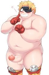 alternate_version_at_source alternate_version_available balls belly big_belly blonde_hair blush erection fat fat_man fatgum gumpang0 male male_only mask my_hero_academia overweight penis simple_background solo teeth toyomitsu_taishirou white_background