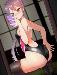 1girls adjusting_clothes adjusting_swimsuit akebono_(kantai_collection) ass black_one-piece_swimsuit black_swimsuit breasts competition_swimsuit holding_phone kantai_collection katsuten one-piece_swimsuit phone ponytail purple_eyes purple_hair selfie small_breasts squatting swimsuit thighhighs