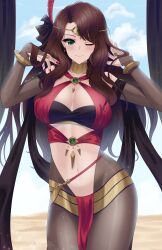 1girls ;) alternate_costume bare_midriff breasts brown_hair dancer desert doiparuni dorothea_arnault dorothea_arnault_(plegian) earrings female female_only fire_emblem fire_emblem:_three_houses fire_emblem_heroes green_eyes large_breasts long_hair looking_at_viewer midriff nail_polish nintendo official_alternate_costume one_eye_closed outdoors pantyhose plegian red_nails smile solo very_long_hair wink