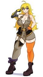 1girls blonde_female blonde_hair cleavage clothed_female flexing kinathefox long_hair long_hair_female robotic_arm rwby yang_xiao_long