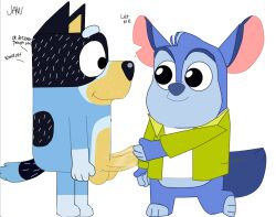 2boys bandit_(bluey) bandit_heeler bluey_(series) bluey_(show) chip_chilla_(series) chum_chum_chilla duo grabbing_penis holding_penis kneeling looking_at_another looking_at_partner male_only no_humans non-human