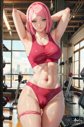 1girls adapted_costume ai_generated alternate_costume armpits arms_behind_head arms_up artist_name athletic athletic_female azanx8 bare_legs bare_midriff bare_shoulders bare_thighs bloomers blush boruto:_naruto_next_generations crop_top female female_only fit fit_female green_eyes gym gym_uniform indoors light-skinned_female light_skin long_hair looking_at_viewer mature mature_female midriff milf nai_diffusion naruto naruto_(series) patreon_username petite pink_hair pinup pixiv_username revealing_clothes sakura_haruno skimpy skimpy_clothes smile solo solo_focus sports_bra stable_diffusion thick_thighs thighs toned toned_female twitter_username url watermark web_address workout workout_clothes