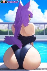 1girls ai_generated ass ass_focus bikini breasts curvy cute dog_ears dog_girl doggirl female female_only highres hips huge_breasts kemonomimi light_skin light_skinned_female long_hair one-piece_swimsuit patreon_username petgirl petite pool poolside purple_ears purple_eyes purple_hair purple_tail rear_view sitting thick_thighs thighs tori toriwoofs watermark wide_hips wolf_ears