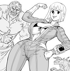 1girls bb_(baalbuddy) bra cartoon_eyes clothed clothed_female deathclaw fallout grin looking_at_viewer mob_face open_shirt pip-boy sharp_teeth smug super_mutant track_suit underwear unzipped_bodysuit vault_girl vault_suit