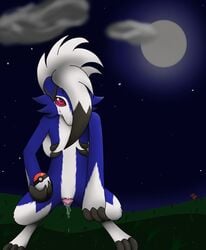 1girls 2016 alternate_color anatomically_correct animal_genitalia animal_pussy blue_fur canine canine_pussy claws feet female female_only feral fur grass grey_fur holding looking_at_viewer lycanroc mammal midnight_lycanroc moon multicolored_fur night nintendo nude outdoors outside paws poke_ball pokemon pokemon_sm pussy pussy_juice red_eyes selixjackal sign sky smile solo standing star starry_sky toe_claws toes video_games were werewolf wet white_fur wolf