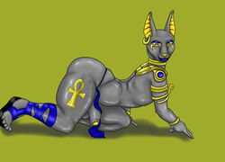 all_fours ankh anthro anubis arched_back big_ass clothing curvy deity egyptian foreskin futalova1 girly jen-erick loincloth looking_at_viewer male penis pose seductive simple_background testicles thick_thighs