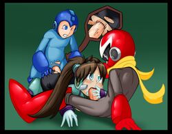 1girls 2boys anal anal_penetration anal_sex anus armor ass blue_eyes blush breasts brown_hair clothed clothed_sex eyewear fellatio female from_behind green_eyes group_sex helmet male mega_man mega_man(classic) mega_man_(character) oral penis proto_man quake_woman robot robot_girl simple_background spitroast straight sunglasses teeth tempo tempo_lalinde threesome tied_hair torn_clothes twintails