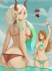 2girls animal belly big_breasts bikini blush breasts female female_only horn horns legs legs_apart looking_at_viewer nami navel niksoncrazy one_piece open_mouth orange_hair post-timeskip striped_bikini white_hair yamato_(one_piece)