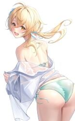 ass ass_focus bare_shoulders bikini blonde_hair blush breasts female flower genshin_impact hair_between_eyes hair_flower hair_ornament highres iro_(iro_252_) looking_at_viewer lumine_(genshin_impact) open_mouth see-through short_hair short_hair_with_long_locks sidelocks smile solo solo_female swimsuit thighs wet wet_clothes white_flower yellow_eyes