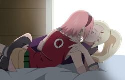 2d 2girls bed bedroom blonde_hair closed_eyes clothing elbow_pads enemies_to_lovers faceless_female female female/female female_only female_with_female foreplay full_color fully_clothed gloves imminent_sex implied_sex indoors ino_yamanaka kissing kunoichi lying_on_bed lying_on_side multiple_girls mutual_yuri naruto naruto_(series) naruto_shippuden ninja no_penetration optimystic pink_hair ponytail pouch red_shirt rivals safe_for_work sakura_haruno shirt short_hair shorts skirt source_request sunlight teenage_girl teenager tied_hair vest window yuri