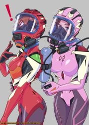 1girls 2girls asphyxiation asuka_langley_sohryu blue_eyes blush bodysuit breasts brown_hair clothing commander_rab_(layer_industries) covered_navel curvy eyepatch female full-face_blush gas_mask grey_background hand_on_own_hip highres hose human large_breasts layerindustries light-skinned_female light_skin long_hair looking_at_viewer mari_illustrious_makinami mask medium_breasts multiple_girls neon_genesis_evangelion orange_hair oxygen_tank pale_skin patreon_username pilot_suit pink_bodysuit plugsuit rebuild_of_evangelion red_bodysuit scuba scuba_gear scuba_tank skin_tight small_breasts surprised wide_hips