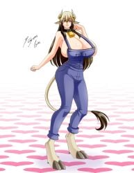 1girls animal_legs bell_collar big_breasts black_and_white_hair breasts breasts_bigger_than_head cloven_hooves cow_ears cow_girl cow_horns cow_tail cowbell hooves huge_breasts large_breasts looking_at_viewer mil_(monster_musume) minotaur minotaur_female monster_girl monster_musume_no_iru_nichijou naked_overalls overalls shinta-girl smile solo solo_female solo_focus