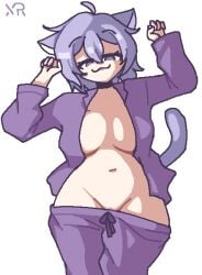 almost_naked cat_ears cat_tail hololive hololive_gamers hololive_japan imxr24 lying_on_back ms_paint nekomata_okayu pajamas pants pants_down purple_eyes purple_hair purple_pants purple_shirt sagging_pants short_hair smug virtual_youtuber vtuber wardrobe_malfunction