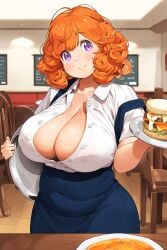 1girls ai_generated big_breasts breasts cleavage curly_hair erect_nipples female female_only food freckles freckles_on_breasts freckles_on_chest holding_plate huge_breasts large_breasts looking_at_viewer magenta_eyes nipple_bulge no_bra novelai open_shirt orange_hair original original_character plump restaurant smile solo solo_female stable_diffusion thick unbuttoned waitress