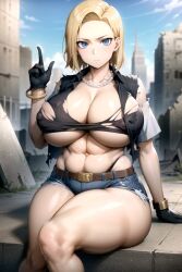 1girls abs ai_generated android_18 belt belt_buckle beltskirt big_breasts big_nipples blonde_hair blue_eyes bracelet busty curvy dragon_ball dragon_ball_z female female_only g-string gloves jean_shorts kunaboto_(style) light-skinned_female light_skin looking_at_viewer muscular_female muscular_thighs necklace nipples_visible_through_clothing pearl_necklace pubic_hair reficulsenpai shiny_skin short_hair skirt thick_thighs thong voluptuous wide_hips