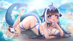 1girls ahoge bikini blue_bikini body_markings breasts cleavage facial_markings female huge_breasts indie_virtual_youtuber light-skinned_female light_skin lilnoot long_hair long_tail outdoors purple_eyes shylily smile tail two_tone_hair virtual_youtuber white_hair