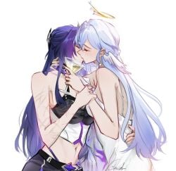 2girls acheron_(honkai:_star_rail) alcohol black_hair drunk female female_focus female_only femdom glaciel0602 halo honkai:_star_rail honkai_(series) kissing lesbian_kiss light-skinned_female light_skin long_hair medium_breasts pressed_together robin_(honkai:_star_rail) silver_hair tagme yuri