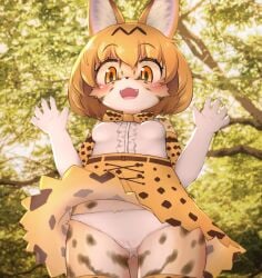 absurd_res alternate_species anthro bare_shoulders belt big_eyes biped black_body black_fur blush bottomwear breasts camel_toe clawed_fingers clothed clothing cute_fangs felid feline female frilly frilly_clothing fur furrification genitals gloves handwear hi_res inner_ear_fluff kemono kemono_friends legwear looking_at_viewer low-angle_view mammal markings open_mouth outside panties pattern_clothing plant pussy raised_hand serval serval_(kemono_friends) shirt short_snout skirt skirt_flip small_breasts solo spots spotted_body spotted_fur standing surprised_expression thigh_highs tongue topwear tree tuft underwear upskirt white_clothing white_gloves white_handwear white_panties white_shirt white_topwear white_underwear xanadu_corona yellow_body yellow_eyes yellow_fur