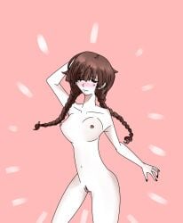 bad_anatomy braided_hair brown_hair female female_focus madotsuki medium_breasts naked_female one_eye_closed pink_background self_upload wet_pussy yume_nikki